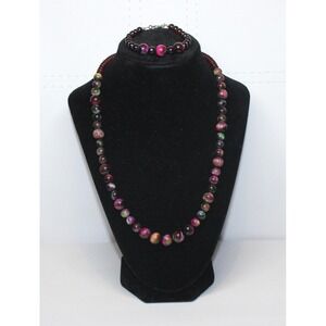 handcrafted 20" beaded necklace bracelet set purple magenta agate copper clasp